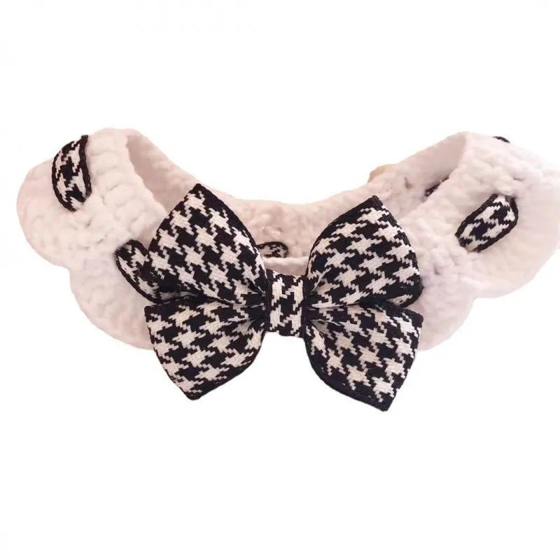 Red and black houndstooth wool pet collar showing knitted texture and size options