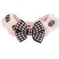Red and black houndstooth wool pet collar showing knitted texture and size options