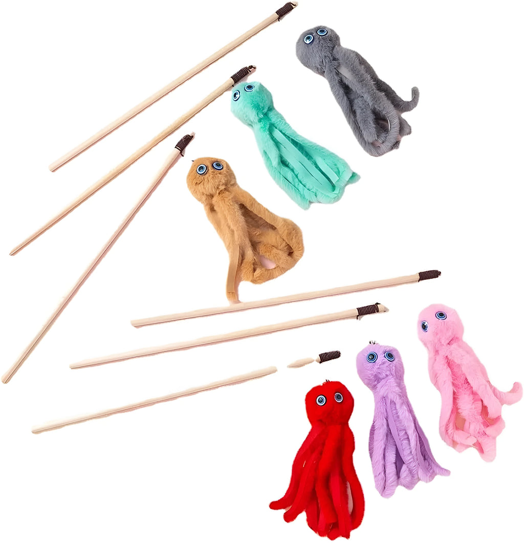 Octopus-themed cat toy with long stick in bright colours for indoor kitten play