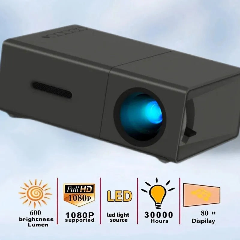 M100 portable mini LED projector in black or white showing 100-inch projection capability