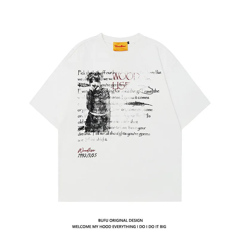 Men's black and white pure cotton loose T-shirt with letter print and raglan sleeves