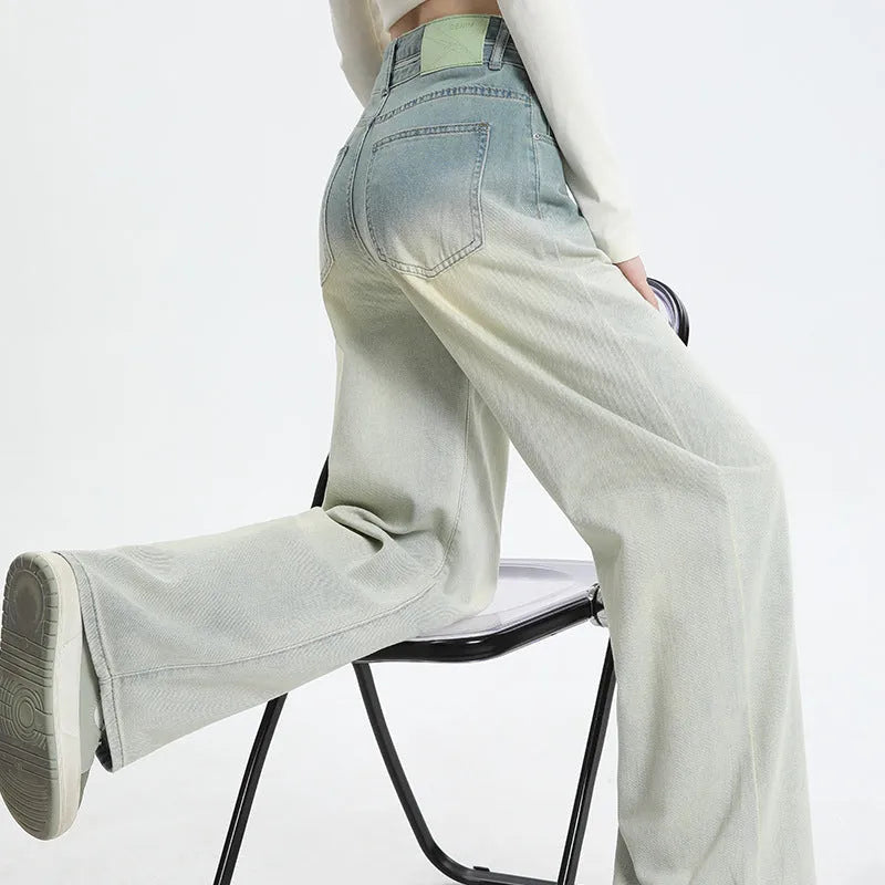 Women's gradient blue straight-leg jeans in cotton denim with wide leg opening