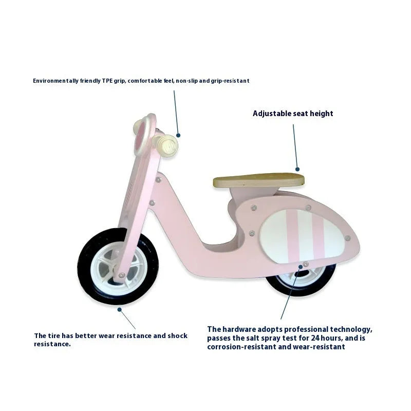 Pink wooden toddler balance scooter with 10-inch wheels for children aged 1-6.