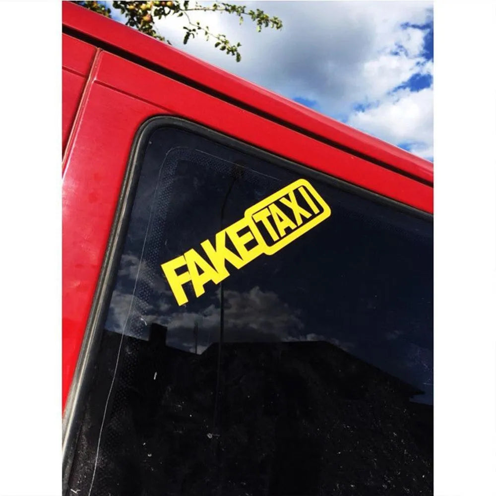 Fake Taxi drifting sign car sticker, 20cm by 4.8cm, text pattern, available in black white yellow or gradient.