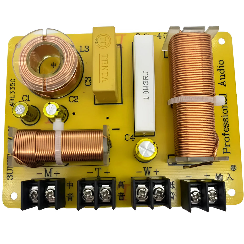 Three-way audio crossover with through-hole mounting, 400W power handling, and frequency split at 900Hz and 3750Hz