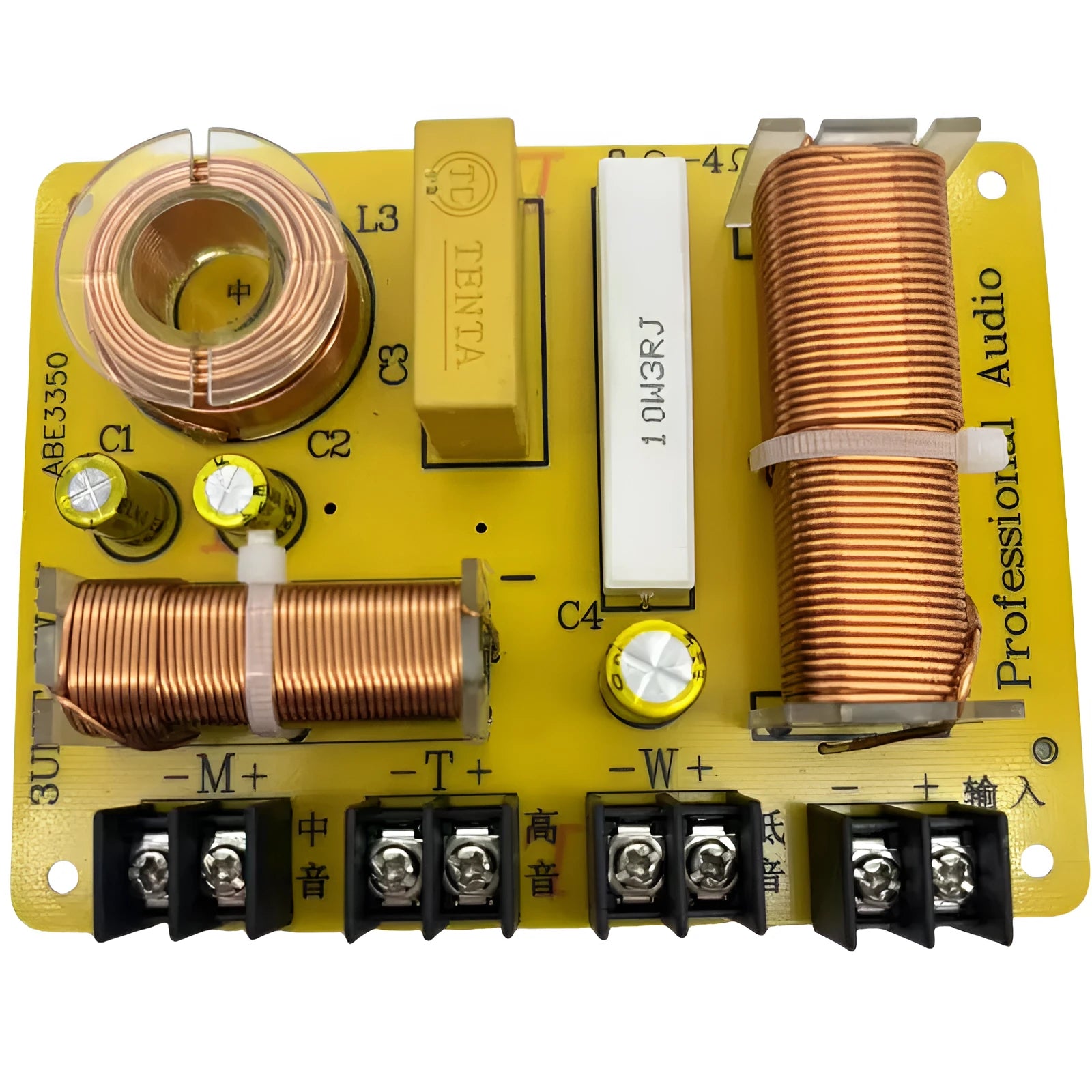Three-way audio crossover with through-hole mounting, 400W power handling, and frequency split at 900Hz and 3750Hz