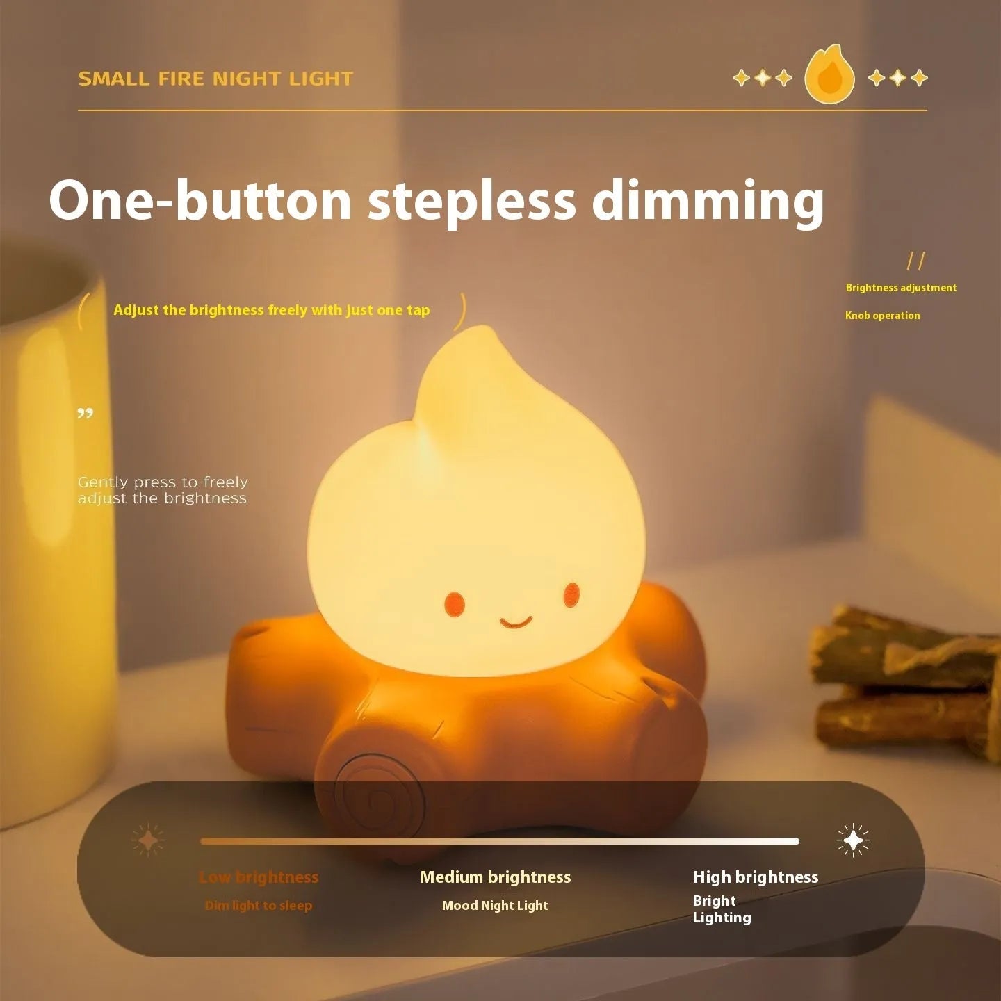 Silicone cartoon fire pile shaped night lamp with yellow glow, shown next to a USB charging cable.
