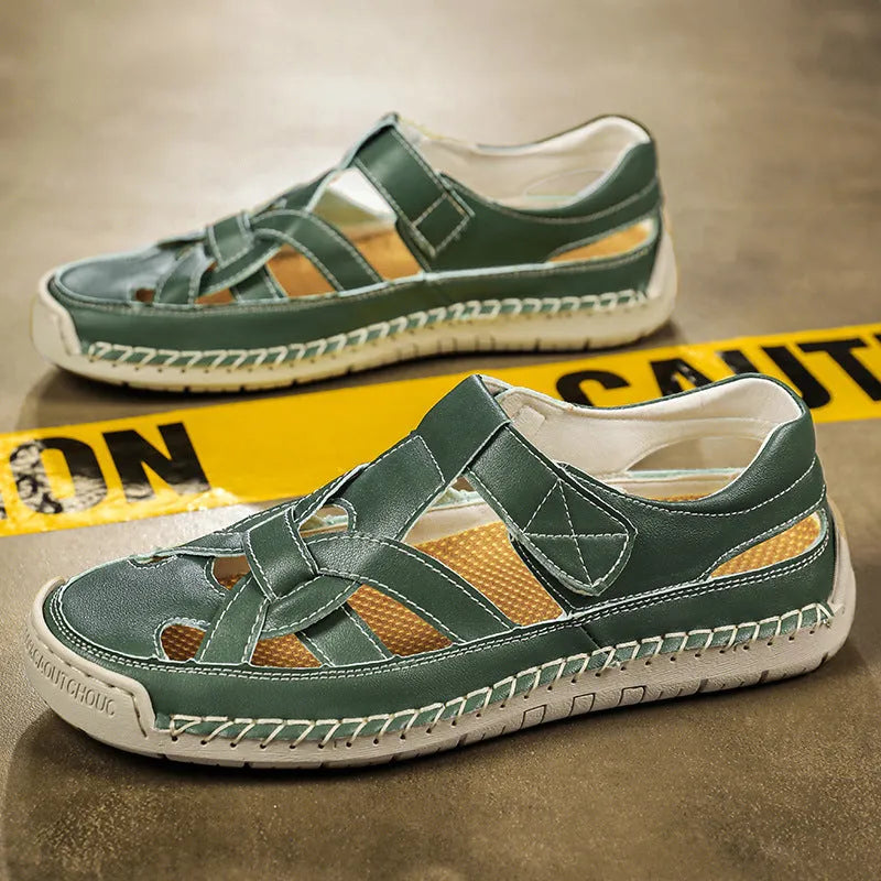 Women's low-top casual sandals with Velcro strap and round toe in microfiber, showing non-slip rubber sole.
