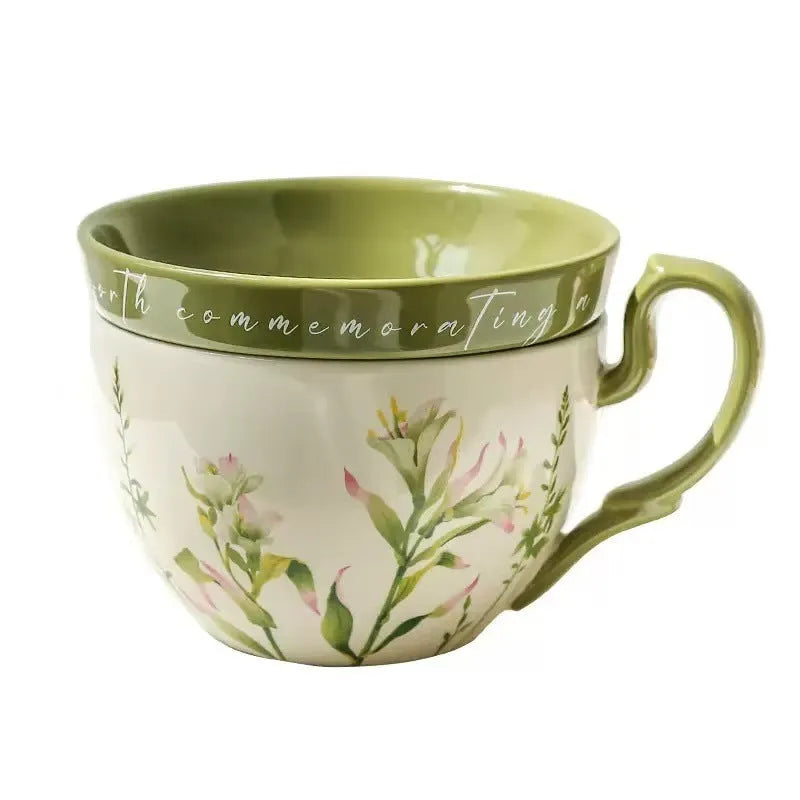 Lily Wind Chimes ceramic cup with lid, 460ml, floral pattern, green or pink options