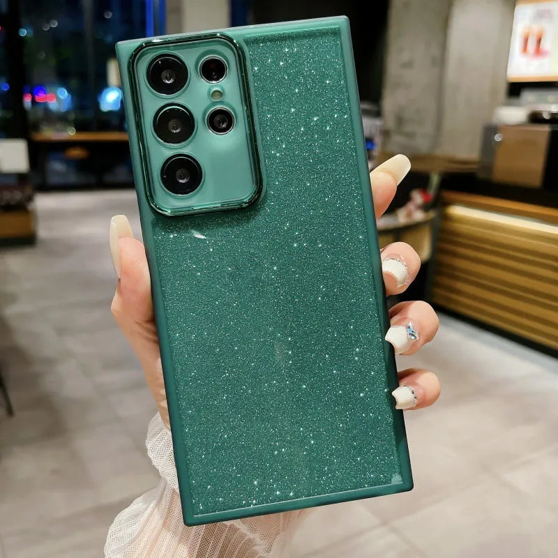 Glitter TPU Samsung phone case with photo frame and fall protection, shown in multiple colours