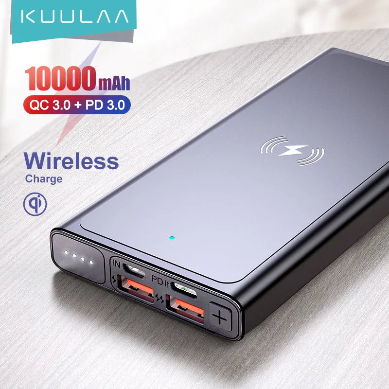 Black and blue square aluminium 10000mAh power bank with wireless charging function