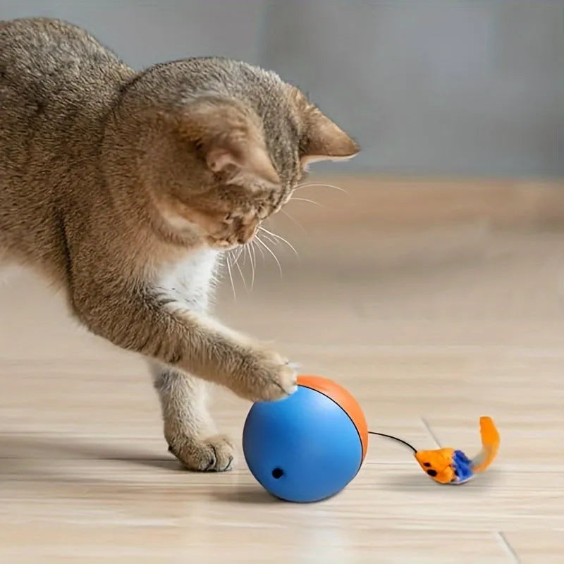 Interactive cat toy ball with plush mouse design measuring 8.5cm cube in grey and orange colour options