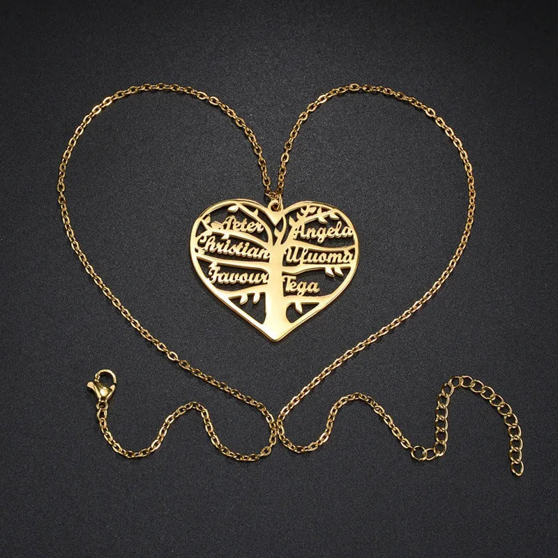 Silver personalised name necklace with hollow heart and tree pendant on a 50cm chain.