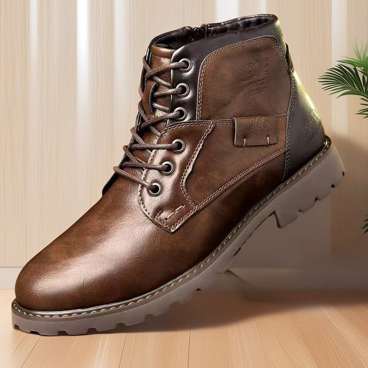 Men's brown ankle boots with side zipper and rubber sole on size 45