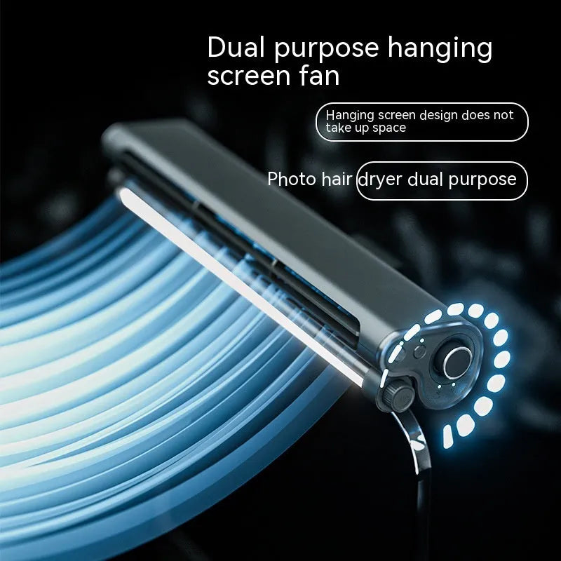 Black bladeless USB desk fan with clip attached to a laptop screen, showing integrated LED light.