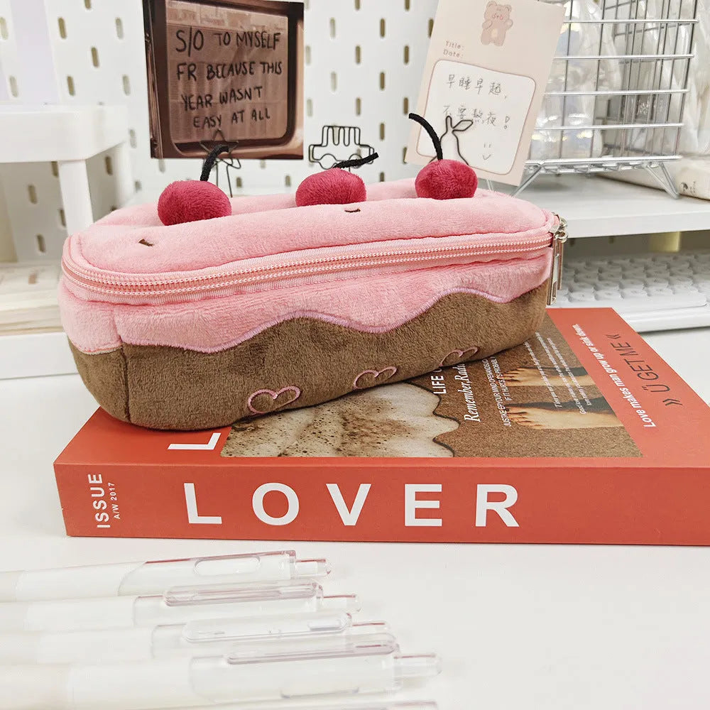Cherry Cake patterned velvet pencil bag in Korean style.