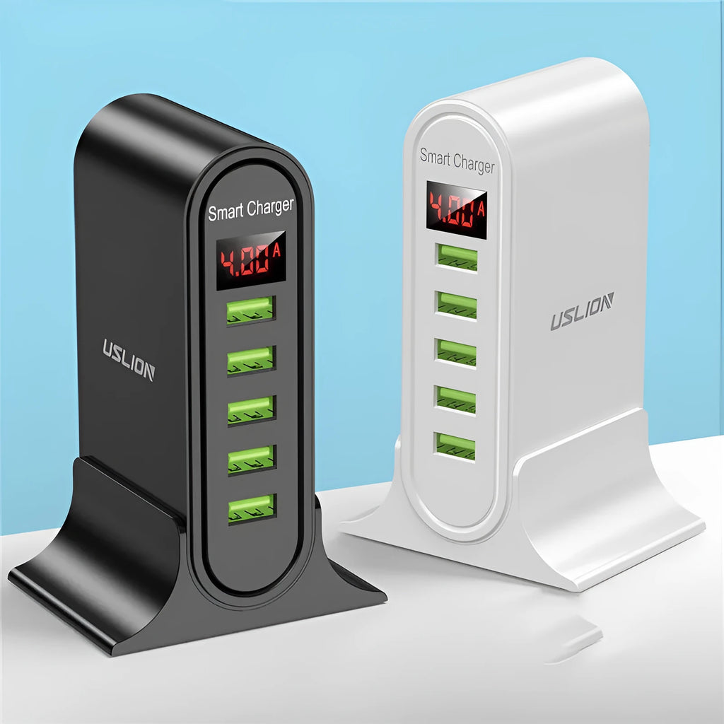Smart LED digital display USB charger in black or white with regional plug options