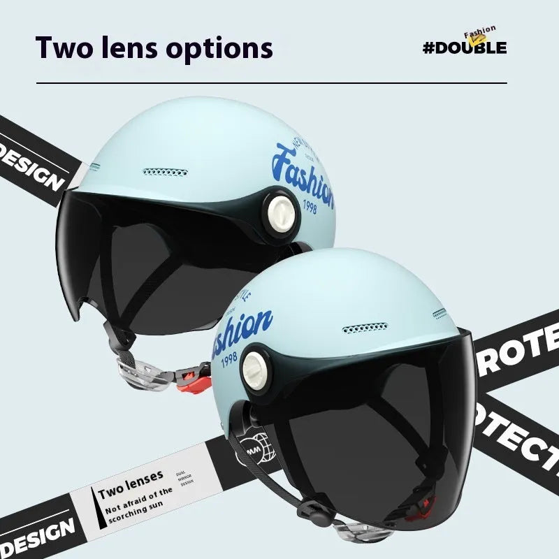 Women's four seasons universal battery car half helmet ABS in cyan with detachable short sun protection glasses
