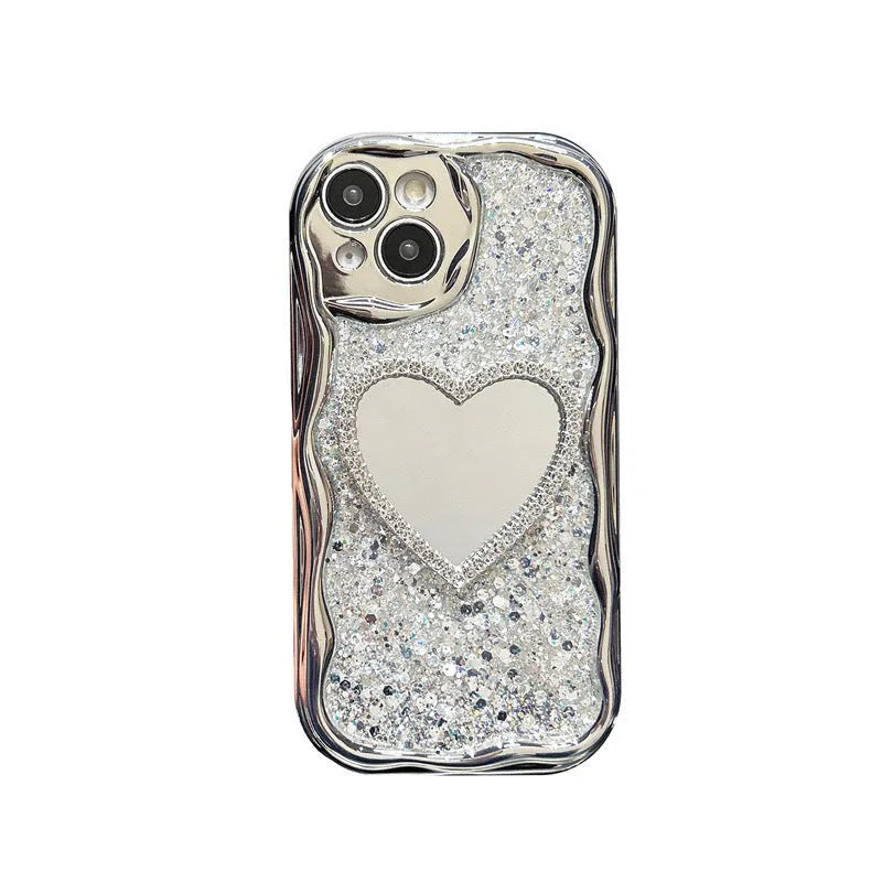 Cream shell high flash epoxy phone case with heart shape mirror in Silver for Apple iPhone