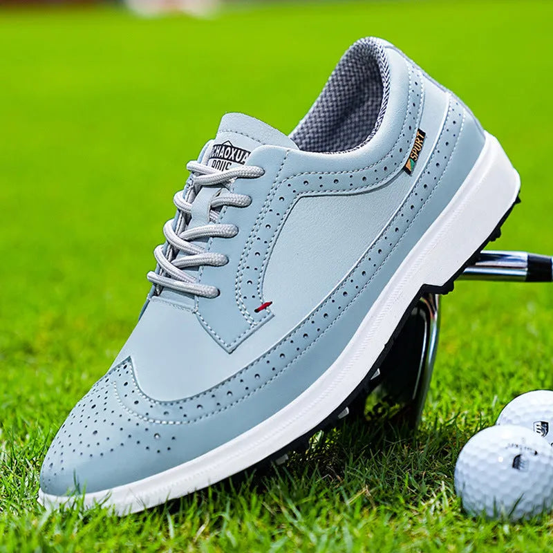Men's golf shoe in Lake Blue with genuine leather upper and rubber outsole