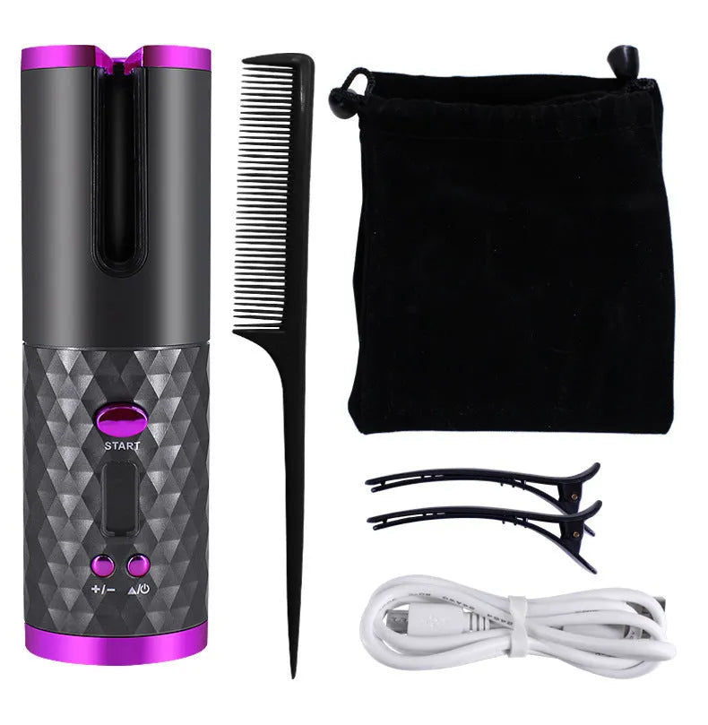 Rechargeable automatic hair curler with LCD display and ceramic rotating barrel in choice of colours