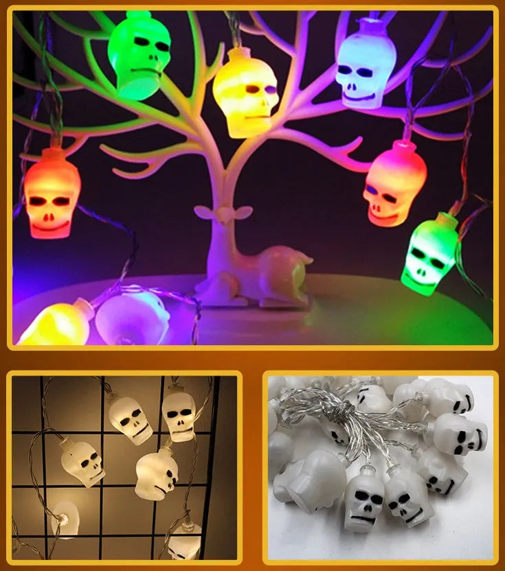 Halloween LED string lights with pumpkin, bat, and ghost pendants on a white wire