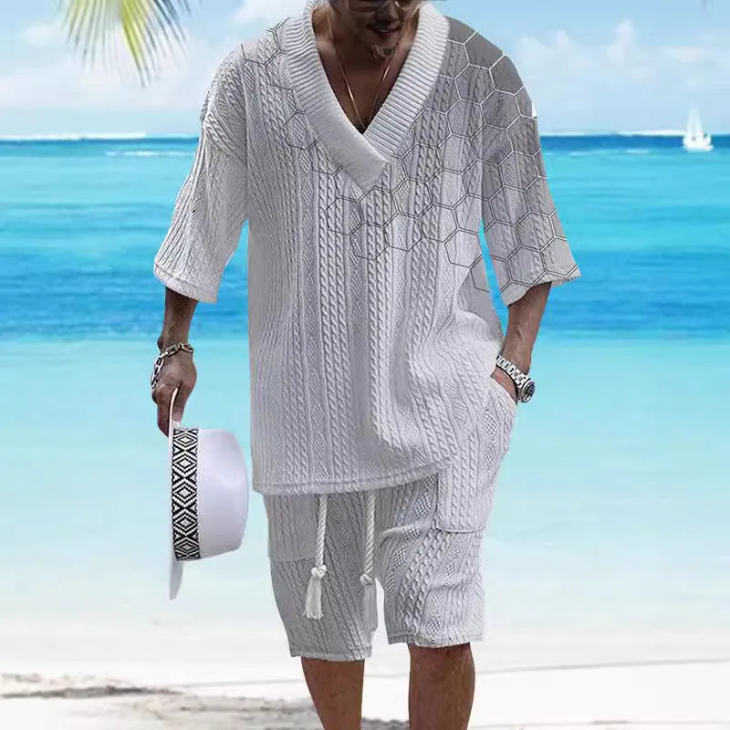 Men's knitted shorts suit set with printed drop-shoulder short sleeve top and matching shorts