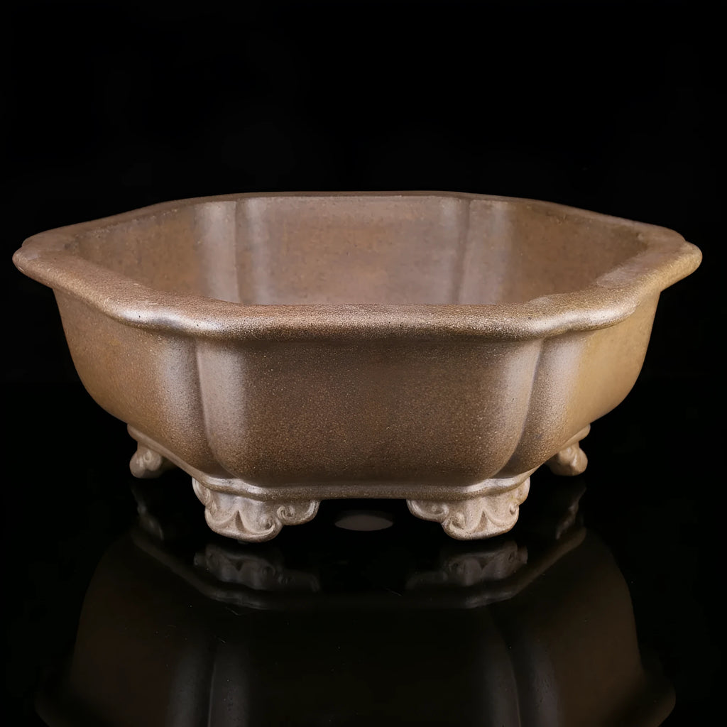 Handcrafted large hexagonal purple sand bonsai pot with five visible drainage holes.