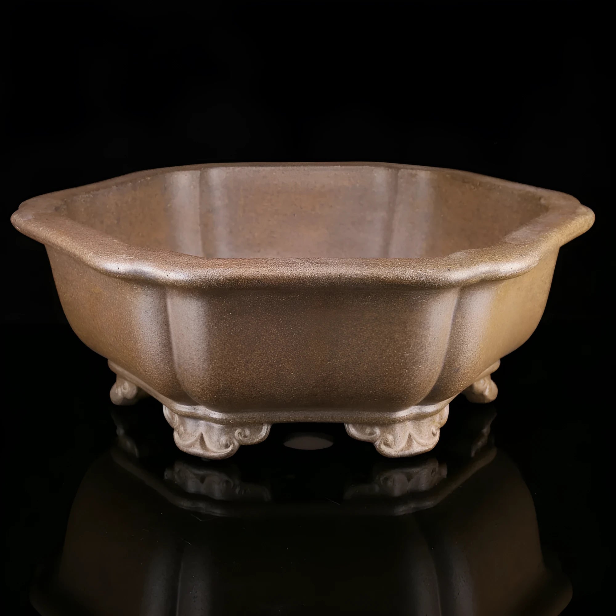 Handcrafted large hexagonal purple sand bonsai pot with five visible drainage holes.