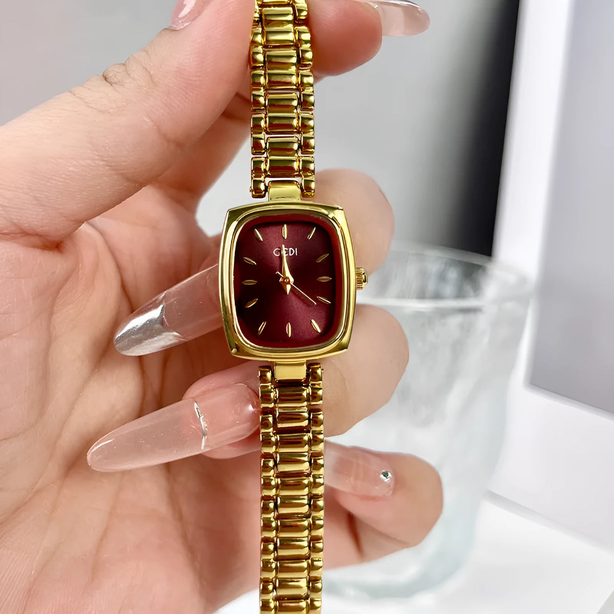 Small gold watch with 8mm alloy case gold strap and choice of gold white blue or dark brown face