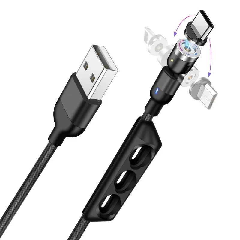 Flat elbow magnetic suction three-in-one data cable with Lightning, Micro USB, and TYPE-C connectors on a 1m woven cord