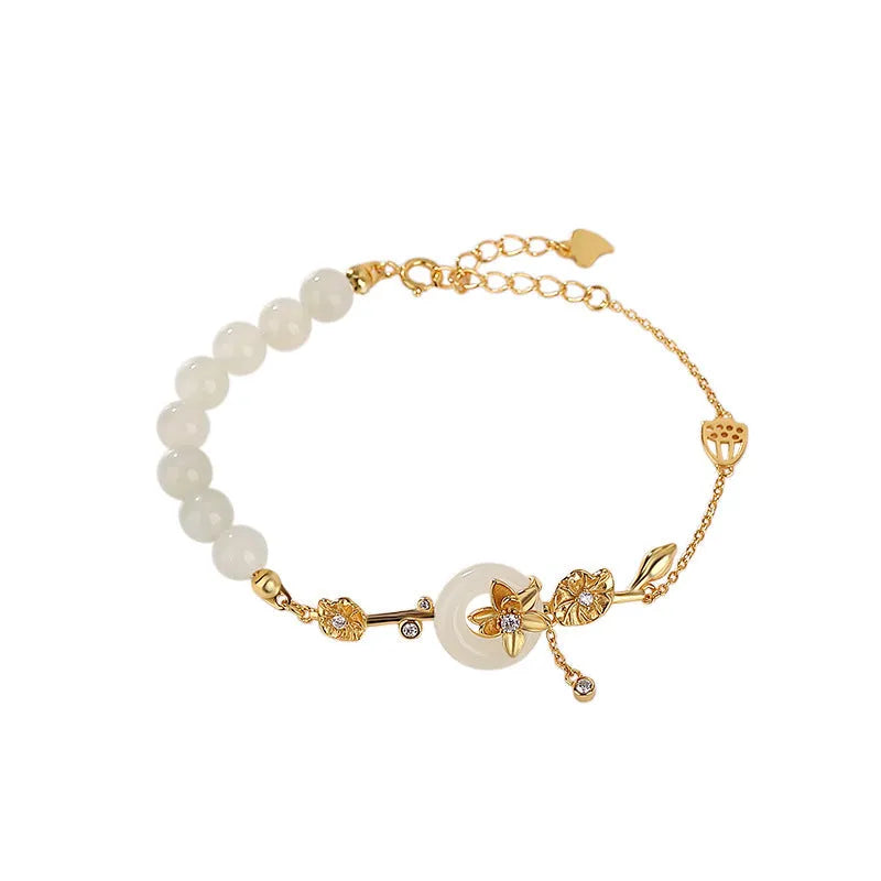 Hetian jade lotus peace buckle silver bracelet for women with retro antique style