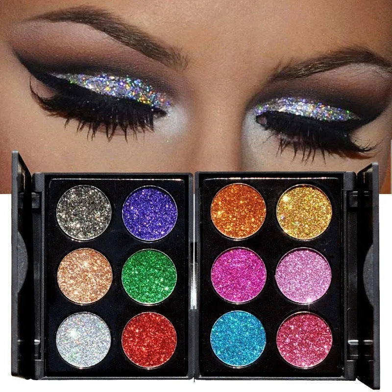 Sequin eye shadow tray with 6 colours in a 10 cm by 7.8 cm by 0.9 cm palette