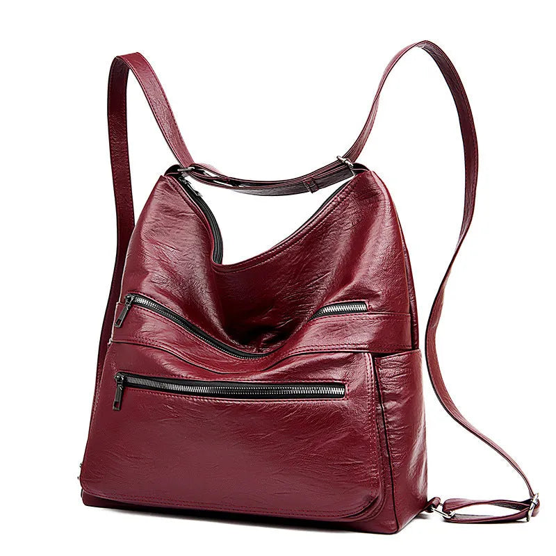 Double zipper shoulder bag for women with adjustable strap, large vertical shape, PU leather, pleated stitching, wine red colour