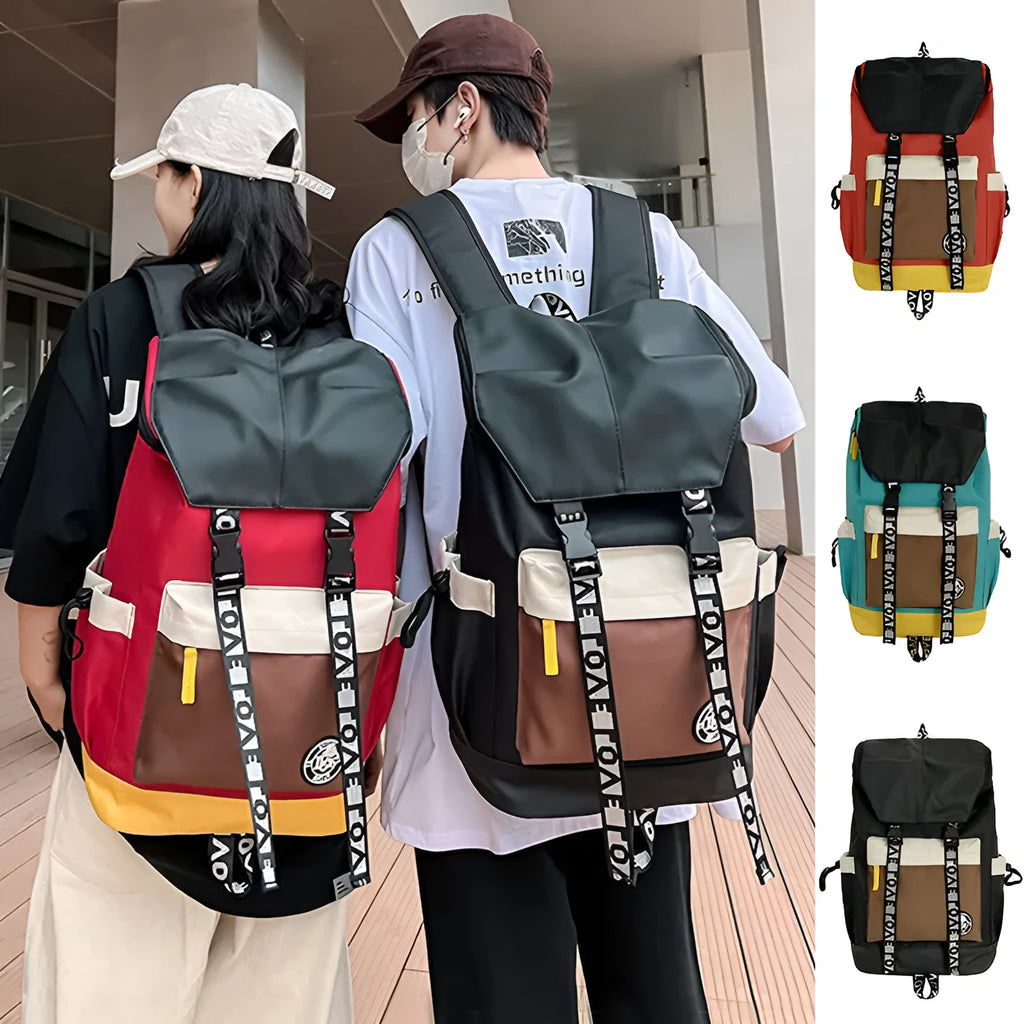 Oxford cloth backpack in black, green, or red colours showing handheld and shoulder straps.
