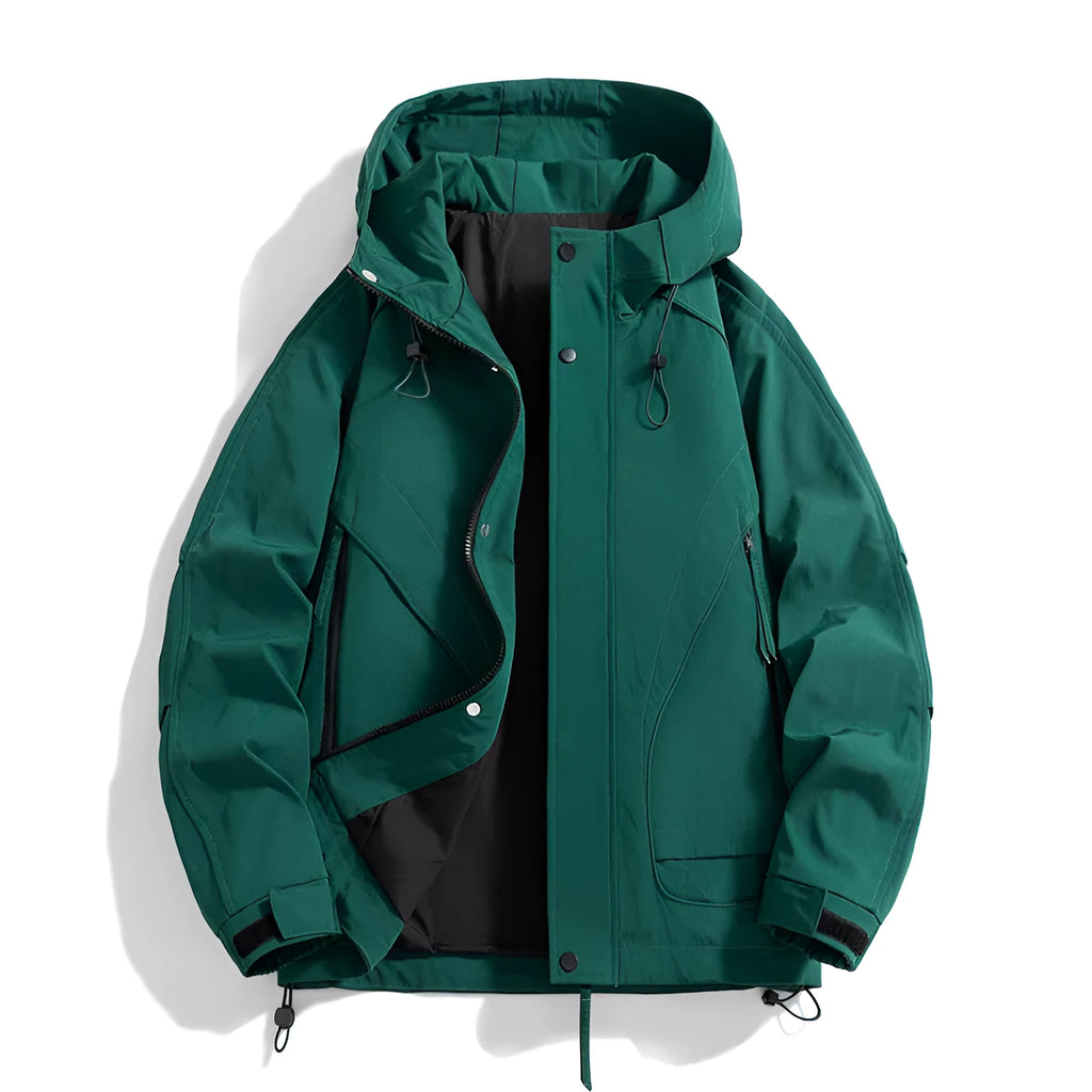 Loose-fit rabbit fur modal hooded jacket in duck shit green colour with zip pockets.