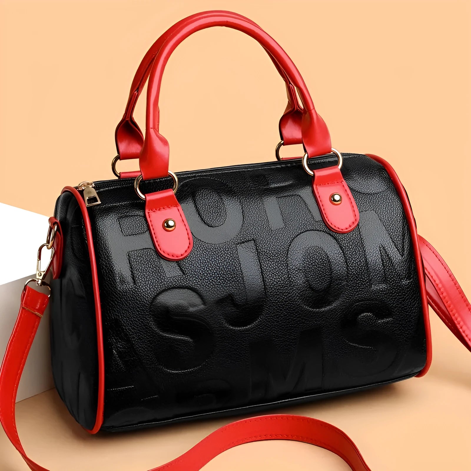 Brown cylindrical PU leather crossbody bag with three shoulder straps showing interior polyester lining