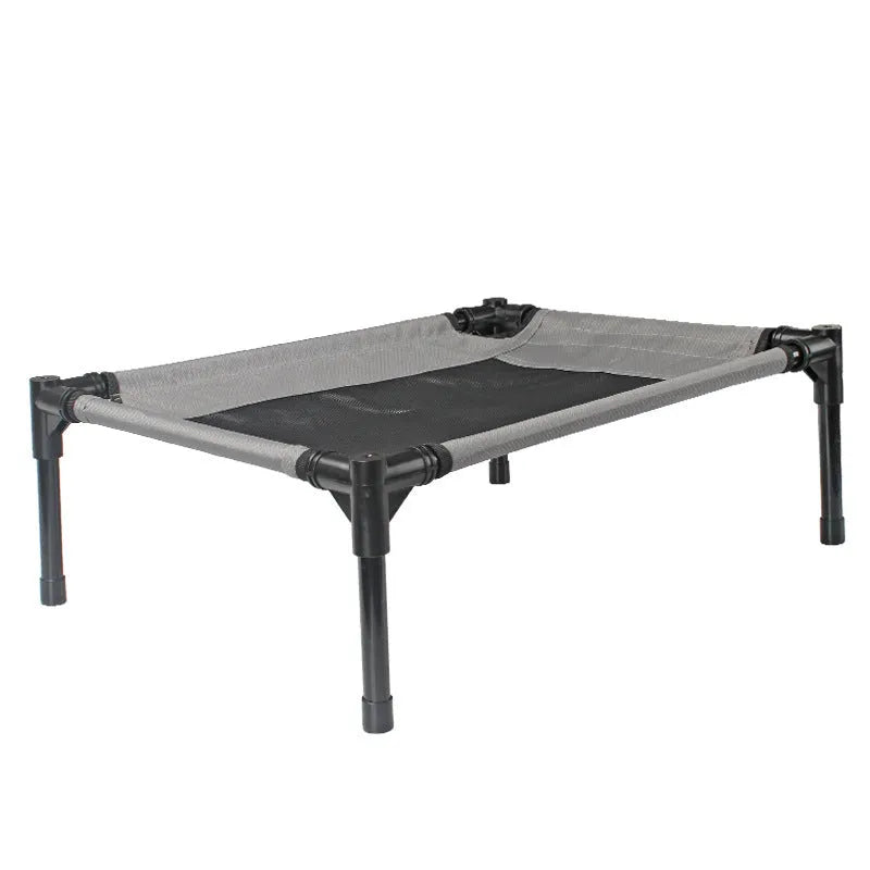 Black outdoor dog bed with removable Oxford cloth cover and steel frame, shown at 55cm length