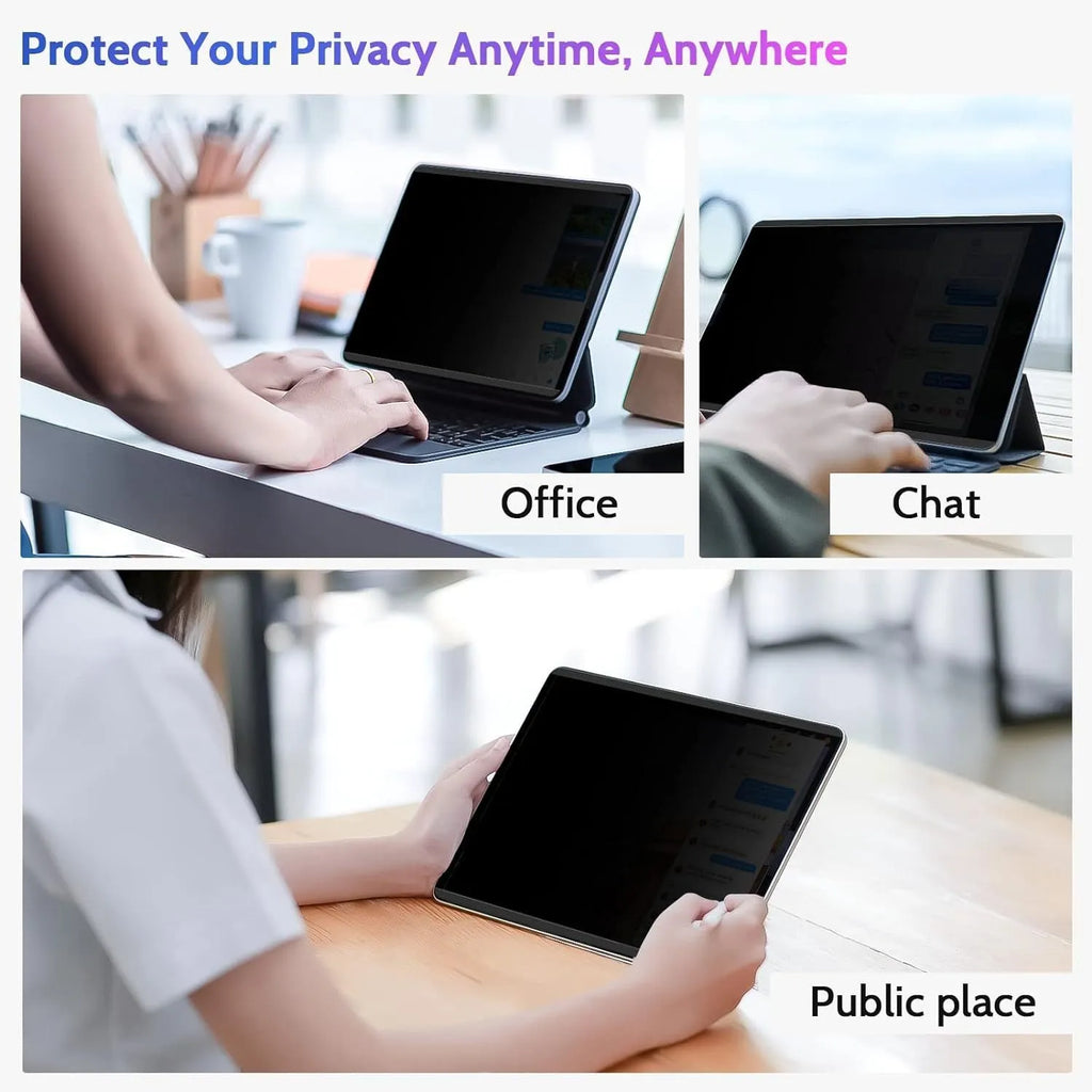 Magnetic privacy screen protector film shown attached to an iPad Pro, with narrow viewing angle effect demonstrated.