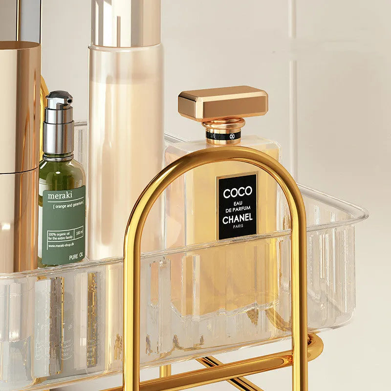 Cosmetic shelf in transparent finish with iron frame and PET panels for bathroom storage