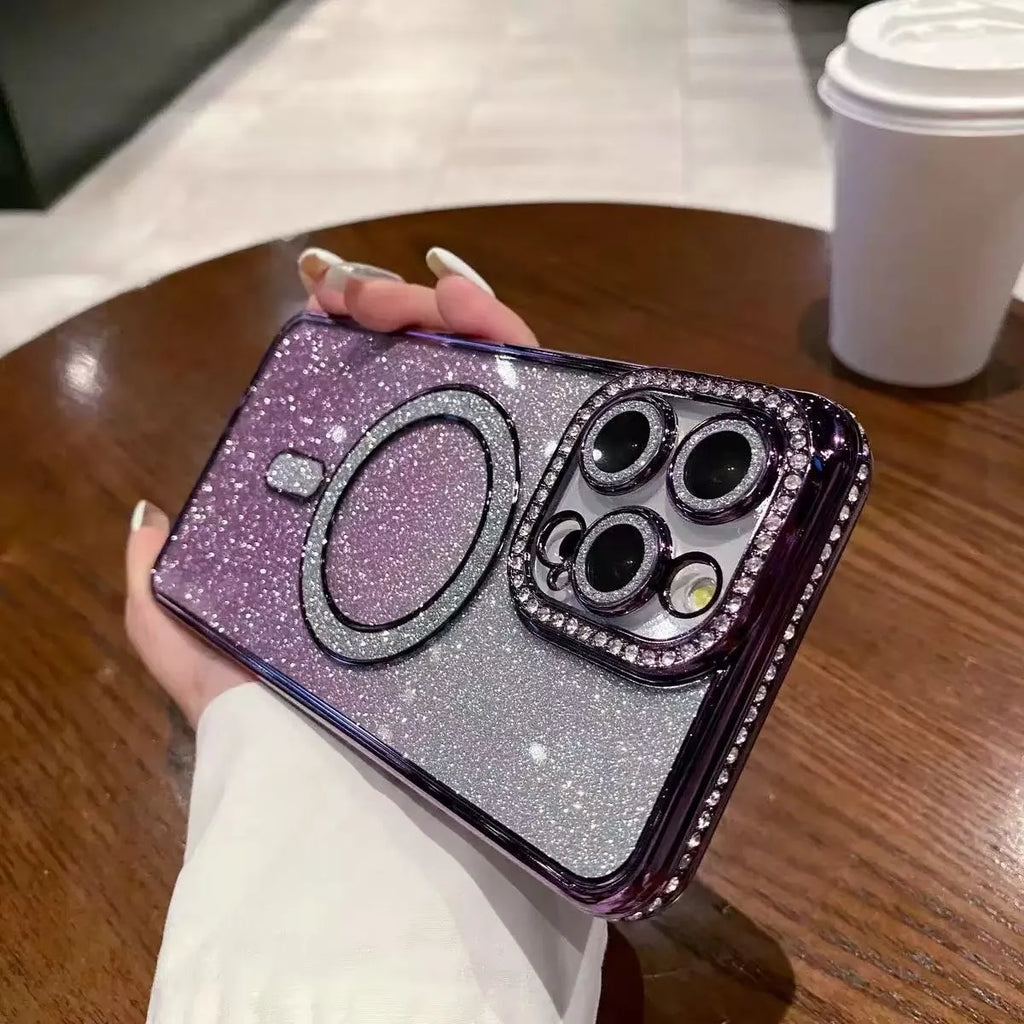 Rhinestone glitter magnetic phone case for Apple iPhone in black, pink, silver, blue, gold, and purple.