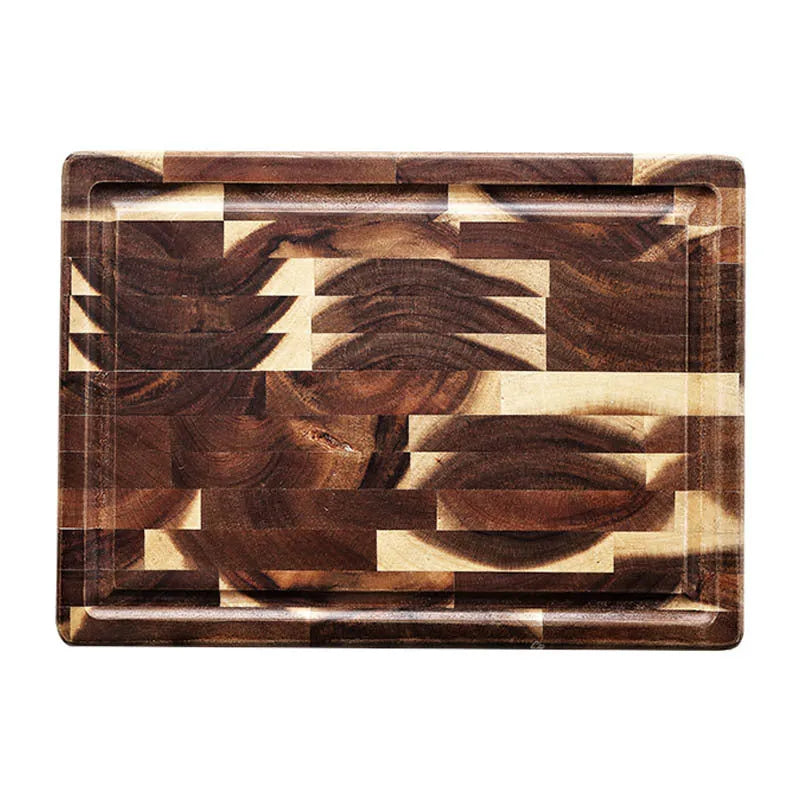 Brown solid wood cutting board with parquet pattern, 3cm thick, on kitchen counter