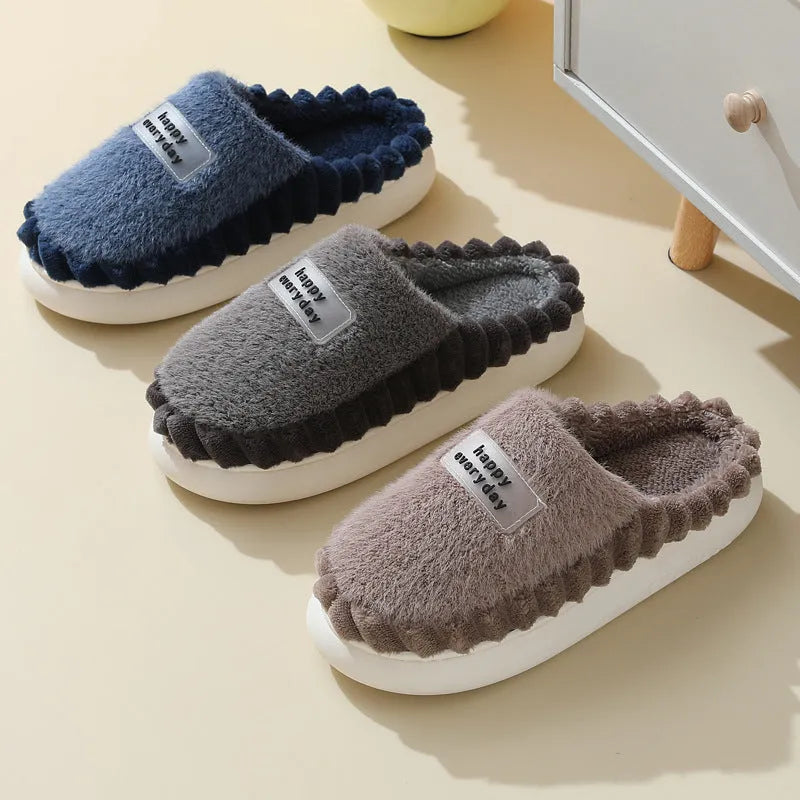 Men's thick-soled slip-on house slippers with fluffy fleece, suede upper and non-slip PVC sole
