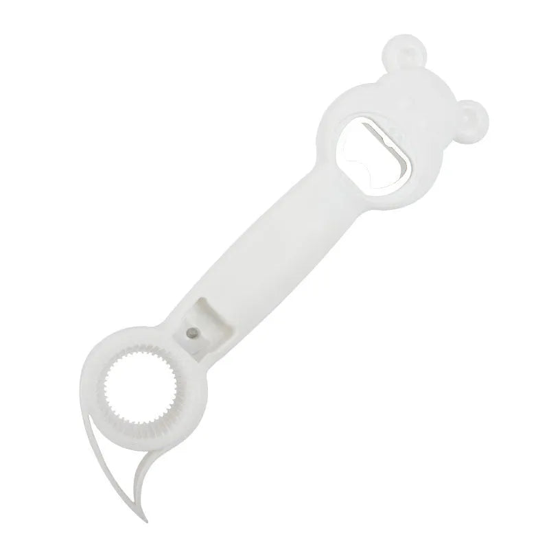 4-in-1 stainless steel and PP manual bottle opener and jar opener in gray blue, 21 cm long, on a white surface