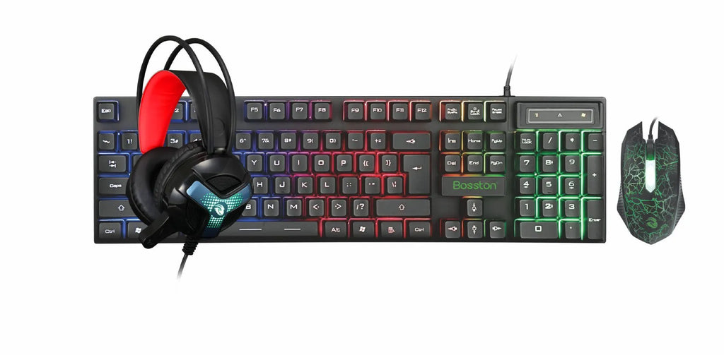 Thunder Wolf T800 four-piece gaming peripheral set showing keyboard, mouse, headset, and mouse pad