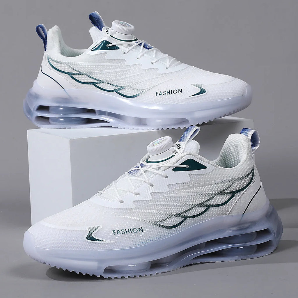 White Korean style mesh casual sports shoes with rotating button lace-up and round toe design