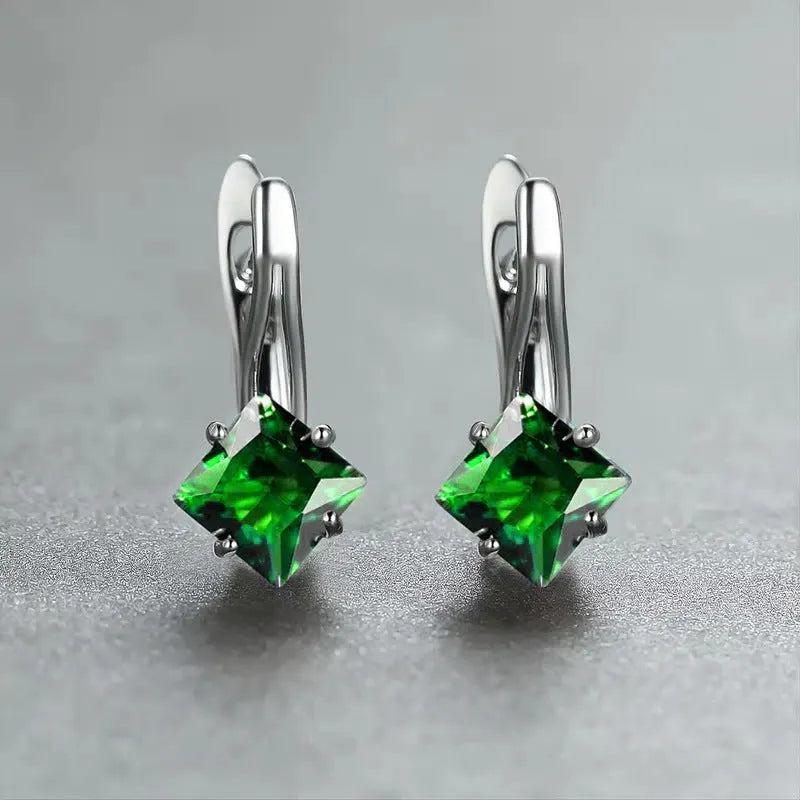 Copper women's earrings with diamond design and inlaid zircon detail in blue, green, or colour variants.