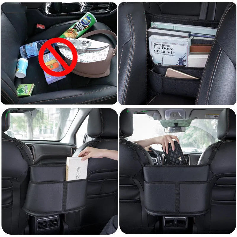 Black leather car seat storage bag with carbon fibre pattern, shown fitted in a car seat net pocket.