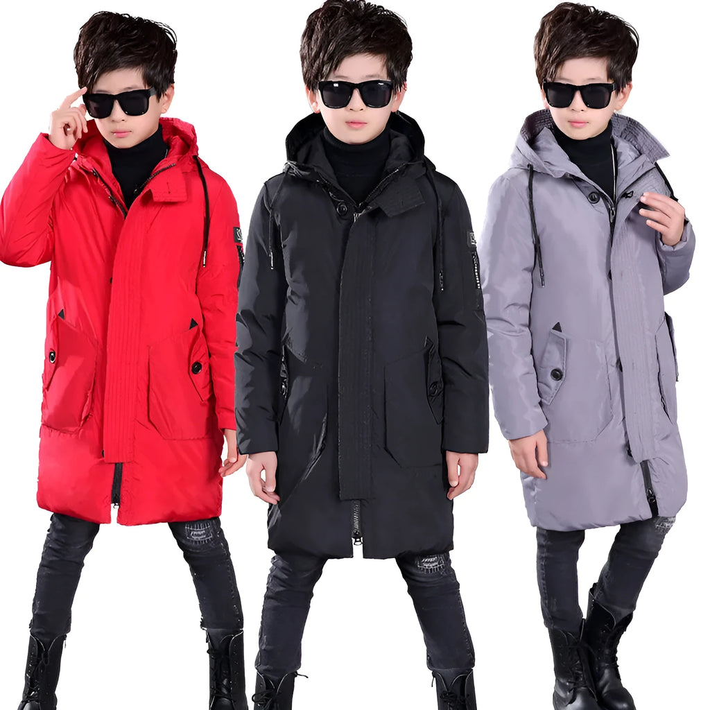 Boys white duck down hooded jacket in red with zipper closure and soft grey trim, mid-length style for winter