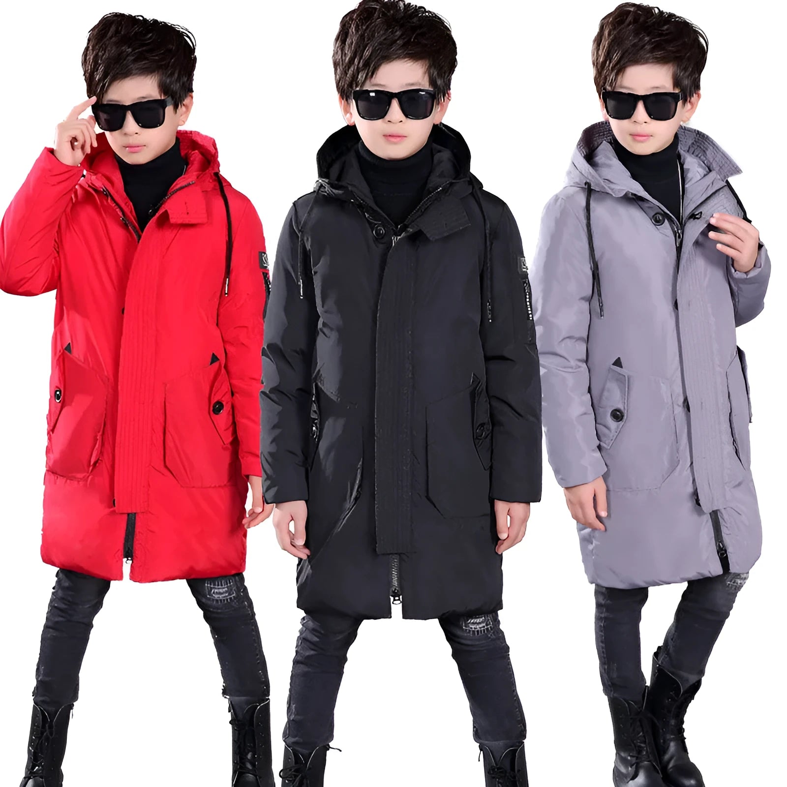 Boys white duck down hooded jacket in red with zipper closure and soft grey trim, mid-length style for winter